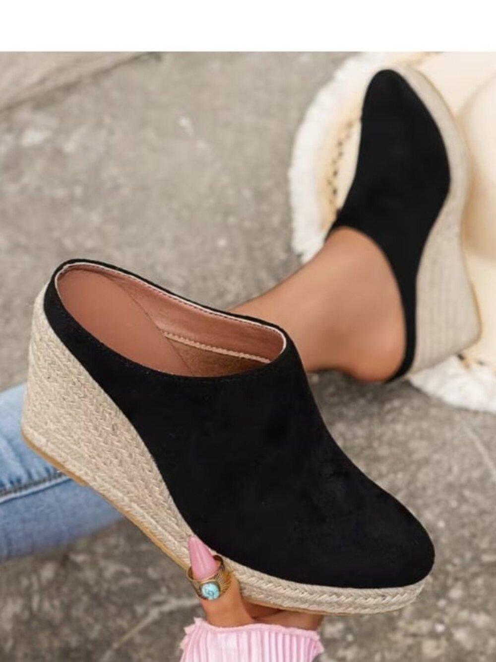Espadrille Black Wedge Slip On Shoes